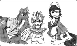 Size: 1024x620 | Tagged: safe, artist:zhaozoharex, imported from derpibooru, twilight velvet, oc, oc:bluff bounty, oc:sleuth slewfoot, earth pony, pony, unicorn, book, magic aura, monochrome, writer