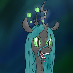 Size: 2048x2048 | Tagged: safe, artist:briarspark, imported from derpibooru, queen chrysalis, changeling, changeling queen, crown, fangs, female, glowing eyes, jewelry, pixiv, regalia, solo