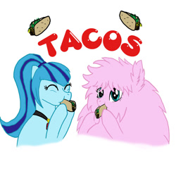 Size: 1024x1024 | Tagged: safe, artist:countessmrose, imported from derpibooru, sonata dusk, oc, oc:fluffle puff, earth pony, pony, duo, ponified, sonataco, taco, that girl sure loves tacos, that pony sure does love tacos, that siren sure does love tacos
