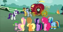 Size: 1136x580 | Tagged: safe, imported from derpibooru, screencap, applejack, fluttershy, pinkie pie, rainbow dash, rarity, spike, twilight sparkle, dragon, earth pony, pegasus, pony, unicorn, season 1, the best night ever, apple carriage, blurry, butt, carriage, discovery family logo, female, horses doing horse things, male, mane seven, mane six, mare, plot, stallion