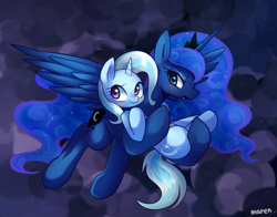 Size: 2800x2200 | Tagged: safe, artist:maren, imported from derpibooru, princess luna, trixie, pony, unicorn, blushing, bridal carry, carrying, cloud, cloudy, female, flying, lesbian, luxie, mare, night, shipping, storm
