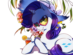 Size: 2048x1556 | Tagged: safe, artist:daikoku, imported from derpibooru, orange slice, rarity, pony, cute, drink, female, flower, glasses, hat, heart shaped glasses, pixiv, prone, raribetes, simple background, solo, straw, sunglasses, white background