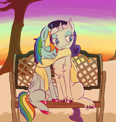 Size: 2565x2713 | Tagged: safe, artist:skunkstripe, imported from derpibooru, rainbow dash, rarity, clothes, female, hat, lesbian, raridash, scarf, shipping, snot bubble, sunset