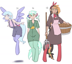 Size: 1800x1600 | Tagged: safe, artist:moronsonofboron, imported from derpibooru, oc, oc only, oc:darcy, oc:hope, oc:tonbo, satyr, clothes, hair tie, jumpsuit, offspring, overalls, parent:big macintosh, parent:flitter, parent:lyra heartstrings, pitchfork