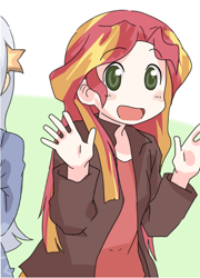 Size: 368x511 | Tagged: safe, artist:gyaheung, imported from derpibooru, sunset shimmer, human, equestria girls, blushing, cropped, cute, happy, humanized, looking at you, nichijou, open mouth, shimmerbetes, smiling, solo focus, waving