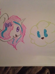 Size: 720x960 | Tagged: safe, imported from derpibooru, cloud puff, oc, oc only, oc:cloud puff, oc:ivy cream, pony, unicorn, chibi, cloud, cute, ribbon, traditional art