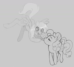Size: 1280x1158 | Tagged: safe, artist:hallogreen, artist:mew, imported from derpibooru, derpy hooves, pinkie pie, pegasus, pony, blushing, derpypie, explicit source, female, kissing, lesbian, mare, muffin, shipping, sketch, tongue out
