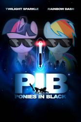 Size: 800x1200 | Tagged: safe, artist:dan232323, imported from derpibooru, rainbow dash, twilight sparkle, pegasus, pony, unicorn, duo, duo female, female, mare, men in black, movie poster, neuralizer, parody, poster, sunglasses