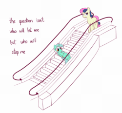 Size: 778x722 | Tagged: safe, artist:mcsadat, color edit, edit, imported from derpibooru, bon bon, lyra heartstrings, earth pony, pony, unicorn, :o, animated, annoyed, ayn rand, bon bon is not amused, cute, duo, escalator, eyeroll, female, frown, it keeps happening, l.u.l.s., lineart, lyrabetes, mare, on back, open mouth, partial color, rolling, silly, silly pony, simple background, sweet dreams fuel, text, unamused, white background