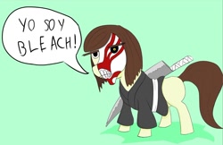 Size: 1024x663 | Tagged: safe, artist:paintnificent, imported from derpibooru, oc, oc only, bleach (manga), cosplay, dialogue, simple background, solo, spanish, sword, weapon