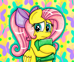 Size: 1024x854 | Tagged: safe, artist:spacecat-studios, imported from derpibooru, fluttershy, book, female, flutternerd, nerd, ponytail, solo, traditional art