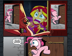 Size: 500x388 | Tagged: safe, edit, edited screencap, imported from derpibooru, screencap, pinkie pie, sunset shimmer, equestria girls, rainbow rocks, comic, crossing the memes, exploitable meme, meme, sunset screamer, surprise door