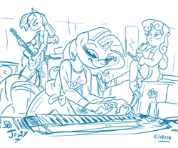 Size: 821x680 | Tagged: safe, artist:jowyb, artist:jowybean, imported from derpibooru, applejack, rarity, sweetie belle, anthro, equestria girls, rainbow rocks, guitar, keyboard, musical instrument, sketch