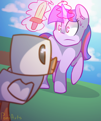 Size: 1500x1800 | Tagged: safe, artist:dippershat, artist:poniarts, imported from derpibooru, twilight sparkle, chicken, unicorn, cloud, day, female, minecraft, solo, sun, sweatdrop, sword, unicorn twilight