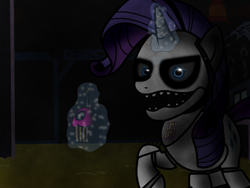 Size: 1024x768 | Tagged: safe, artist:birdivizer, imported from derpibooru, rarity, pony, robot, robot pony, five nights at aj's, animatronic, creepy, cupcake, female, five nights at freddy's, magic, raribot, security officer, solo, watching