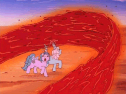Size: 300x223 | Tagged: safe, imported from derpibooru, screencap, lavan, princess primrose, princess serena, pony, my little pony 'n friends, quest of the princess ponies, animated, female, g1, hat, hennin, lava, lava surfing, mare, princess ponies, surfing