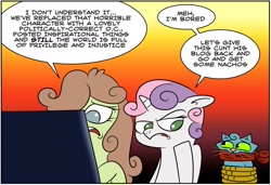 Size: 1024x700 | Tagged: safe, artist:catfood-mcfly, imported from derpibooru, sweetie belle, oc, oc:checked privilege, cat, pony, unicorn, bored, cloth gag, comic, computer, dialogue, drama, floppy ears, frown, fury belle, gag, tied up, vulgar