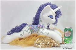 Size: 800x521 | Tagged: safe, artist:ladylittlefox, imported from derpibooru, rarity, can, canada dry, embroidery, eyes closed, ginger ale, irl, jewelry, photo, plushie, prone, solo