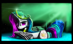 Size: 1600x976 | Tagged: safe, artist:auroriia, imported from derpibooru, princess celestia, female, solo, water, wet mane