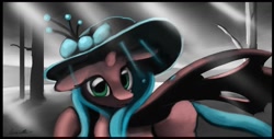 Size: 1255x637 | Tagged: safe, artist:auroriia, imported from derpibooru, queen chrysalis, changeling, changeling queen, female, hat, solo