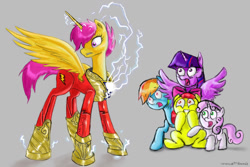 Size: 1191x794 | Tagged: safe, artist:neroscottkennedy, imported from derpibooru, apple bloom, rainbow dash, scootaloo, sweetie belle, twilight sparkle, alicorn, earth pony, pegasus, pony, unicorn, age progression, alicornified, crossover, cutie mark crusaders, dc comics, female, filly, implied transformation, mare, older, older scootaloo, race swap, scootacorn, shazam, this will end in tears and/or death and/or covered in tree sap, twilight sparkle (alicorn)