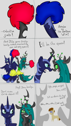 Size: 1152x2048 | Tagged: safe, artist:briarspark, imported from derpibooru, nightmare moon, queen chrysalis, oc, alicorn, changeling, earth pony, pony, cheerleader, cheerleader chrysalis, dilemma, pixiv, self insert