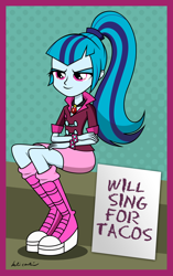 Size: 1024x1627 | Tagged: safe, artist:marelynmanson, imported from derpibooru, sonata dusk, equestria girls, rainbow rocks, female, gem, grin, mischievous, pony coloring, ponytail, sign, siren gem, sitting, smiling, solo, sonataco, spiked wristband, that girl sure loves tacos, that pony sure does love tacos, that siren sure does love tacos, will x for y, wristband