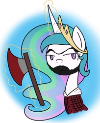 Size: 807x989 | Tagged: safe, artist:cuttycommando, imported from derpibooru, princess celestia, axe, beard, lumberjack, magic, rule 63, solo