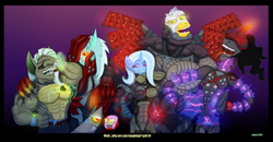 Size: 1280x667 | Tagged: safe, artist:stheno-initiative, artist:xylem, imported from derpibooru, discord, fluttershy, king sombra, lord tirek, lyra heartstrings, trixie, oc, pony, unicorn, crossover, female, jetstream sam, konami, lacerator lyra, laughing, mare, metal gear, metal gear rising, mistral, monsoon, non-mlp oc, senator armstrong, shit eating grin, stheno, sundowner