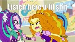 Size: 3009x1692 | Tagged: safe, edit, edited screencap, imported from derpibooru, screencap, adagio dazzle, aria blaze, sonata dusk, equestria girls, rainbow rocks, caption, face, faic, image macro, listen here, meme, threatening, vulgar