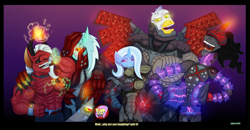 Size: 1280x667 | Tagged: safe, alternate version, artist:stheno-initiative, artist:xylem, imported from derpibooru, discord, fluttershy, gilda, king sombra, lord tirek, lyra heartstrings, trixie, griffon, pony, unicorn, crossover, female, jetstream sam, konami, lacerator lyra, laughing, mare, metal gear, metal gear rising, mistral, monsoon, senator armstrong, stheno, sundowner