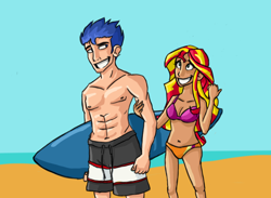 Size: 1366x1000 | Tagged: safe, artist:mcwhale4, imported from derpibooru, flash sentry, sunset shimmer, human, beach, belly button, bikini, clothes, duo, female, flashimmer, humanized, male, shipping, straight, swimsuit, topless