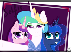 Size: 2501x1836 | Tagged: safe, artist:herusann, imported from derpibooru, princess cadance, princess celestia, princess luna, alicorn, pony, equestria girls, rainbow rocks, :3, alicorn triarchy, bust, female, grin, mare, picture, selfie, smiling