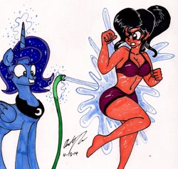 Size: 1360x1297 | Tagged: safe, artist:newyorkx3, imported from derpibooru, princess luna, human, belly button, bikini, breasts, cleavage, clothes, female, hose, human female, pervert, prince artemis, rule 63, self insert, swimsuit, traditional art, wet