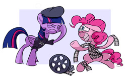 Size: 550x329 | Tagged: safe, artist:nukilik, imported from derpibooru, pinkie pie, twilight sparkle, twilight sparkle (alicorn), alicorn, pony, beret, duo, female, film reel, mare, sheepish grin, technical difficulties