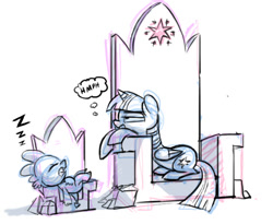Size: 603x495 | Tagged: safe, artist:nukilik, imported from derpibooru, spike, twilight sparkle, twilight sparkle (alicorn), alicorn, dragon, pony, female, friendship throne, male, mare, sleeping, throne