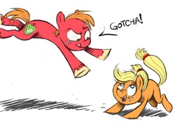 Size: 722x536 | Tagged: safe, artist:nukilik, imported from derpibooru, applejack, big macintosh, earth pony, pony, colt, colt big macintosh, female, filly, filly applejack, male, mare, pounce, stallion, younger