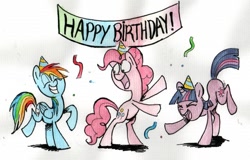 Size: 776x498 | Tagged: safe, artist:nukilik, imported from derpibooru, pinkie pie, rainbow dash, twilight sparkle, earth pony, pegasus, pony, unicorn, birthday, dancing, happy birthday, hat, party, party hat, rearing