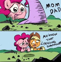 Size: 600x609 | Tagged: safe, artist:nukilik, imported from derpibooru, applejack, pinkie pie, spike, the cutie map, comic, feet, floppy ears, frown, grass, i know that feel bro, looking at each other, looking at someone