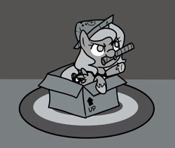 Size: 1780x1500 | Tagged: safe, artist:llamacheesecake, imported from derpibooru, princess luna, moonstuck, box, cardboard box, cartographer's cap, cute, female, filly, grayscale, hat, leaning, monochrome, mouth hold, pointing, smirk, solo, woona