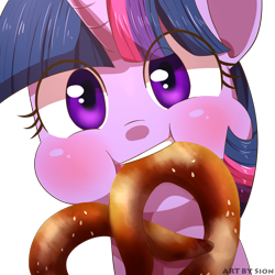 Size: 1500x1500 | Tagged: safe, artist:sion, imported from derpibooru, twilight sparkle, pony, unicorn, blushing, commission, cute, eating, female, food, looking at you, mare, mouth hold, nom, pretzel, pretzel coordination, puffy cheeks, solo, twiabetes, twipretzel