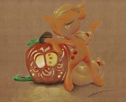 Size: 1722x1406 | Tagged: safe, artist:getchanoodlewet, imported from derpibooru, applejack, pony, bipedal, eyes closed, female, jack-o-lantern, pumpkin, solo, traditional art