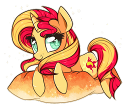 Size: 632x536 | Tagged: safe, artist:suzuii, imported from derpibooru, sunset shimmer, pony, unicorn, female, lying, pillow, simple background, smiling, solo, transparent background