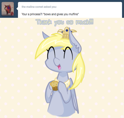 Size: 575x550 | Tagged: dead source, safe, artist:nyanpegasus, imported from derpibooru, derpy hooves, alicorn, pegasus, pony, ask princess derpy, ^^, ask, crown, cute, derpabetes, eyes closed, jewelry, muffin, peytral, regalia, simple background, tumblr