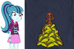 Size: 800x533 | Tagged: safe, imported from derpibooru, sonata dusk, equestria girls, rainbow rocks, :|, chibi, cute, deadpool, exploitable meme, meme, sonata fuel, sonataco, starenata, taco, thousand yard stare