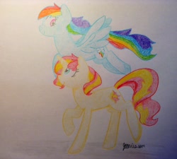 Size: 2046x1844 | Tagged: safe, artist:keldeodurp, imported from derpibooru, rainbow dash, sunset shimmer, pony, female, flying, happy, lesbian, shipping, sunsetdash, traditional art