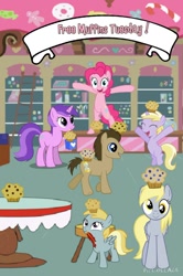 Size: 728x1097 | Tagged: safe, artist:aquashy, imported from derpibooru, amethyst star, chirpy hooves, derpy hooves, dinky hooves, doctor whooves, pinkie pie, sparkler, time turner, pegasus, pony, collage, female, hooves family, mare, muffin, sugarcube corner, tuesday