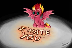 Size: 1088x735 | Tagged: safe, artist:mornincloud, imported from derpibooru, sunset shimmer, pony, chibi, cute, fangs, filly, i hate you, ponified, shimmerbetes, solo, sunset satan