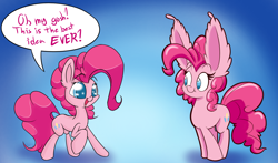 Size: 1700x1000 | Tagged: safe, artist:heir-of-rick, imported from derpibooru, pinkie pie, earth pony, pony, cheek fluff, dialogue, duo, ear fluff, gradient background, impossibly large ears, looking at each other, open mouth, raised hoof, self ponidox, simple background, smiling, speech bubble, style emulation