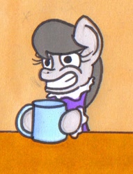 Size: 376x492 | Tagged: safe, artist:bobthedalek, edit, imported from derpibooru, octavia melody, earth pony, pony, bobthedalek, clothes, coffee, cropped, dress, faic, female, filly, gown, grin, hyperactive, hypertavia, mug, solo, why, xk-class end-of-the-world scenario, younger